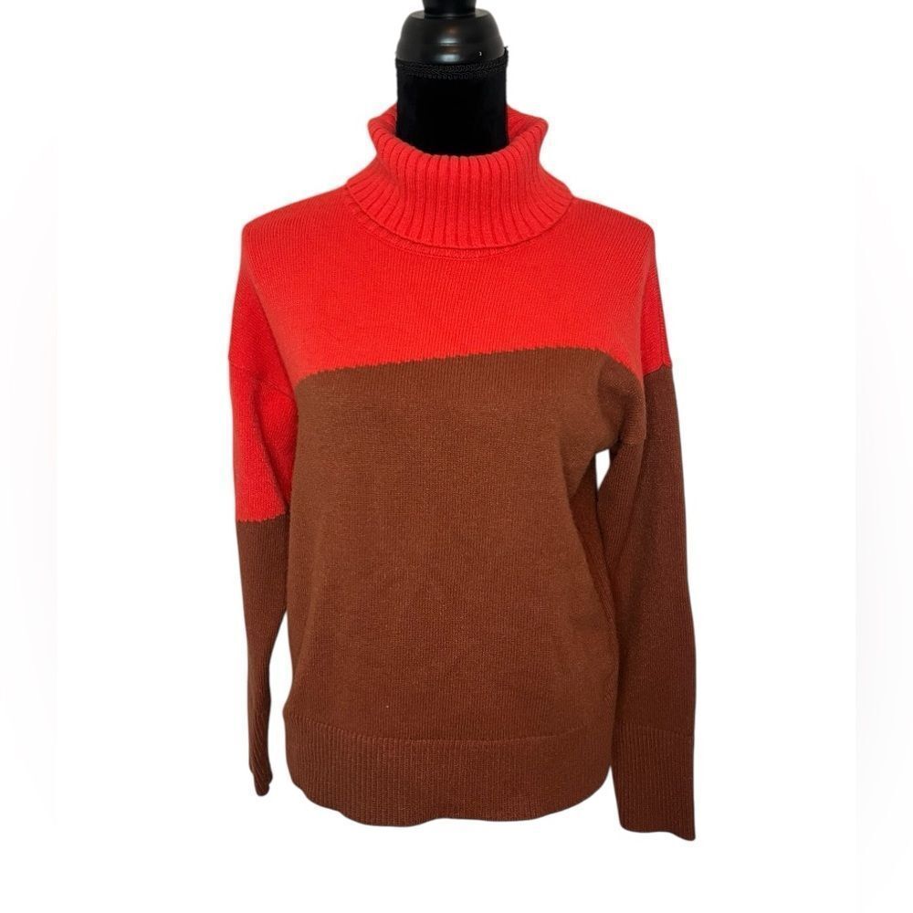 ANTHROPOLOGIE COLOR BLOCK BROWN/ORANGE SOFT TURTLENECK SWEATER WOMENS SIZE S